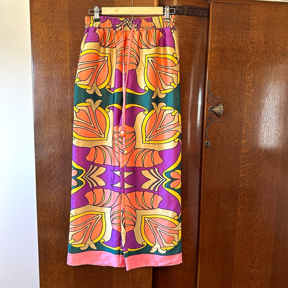 Zara Wide Leg Pants in Vibrant Purple, Orange, Yellow & Green Print